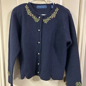 Karen Scott 100% Wool Cardigan Sweater With Embroidered Details Size M